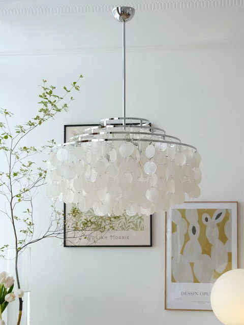 Italian Verpan French-Style Living Room Chandelier, Vintage Cream Shell Wind Chime, Designer Dining Room Master Bedroom Lighting Fixtures