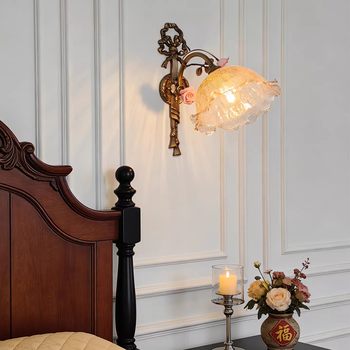 French-Style Wall Lamp, All-Copper, Vintage, Nostalgic Bedroom Bedside Lamp, Rose Flower Corridor Lamp, Decorative Background Wall Lamp