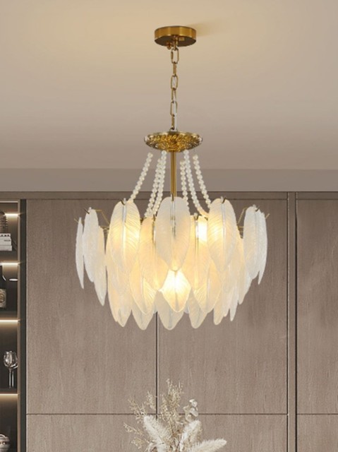 French-Style Cream Chandelier with Pearls ins Internet Celebrity Creative Crystal Light Luxury Feather Post-Modern Living Room Bedroom Lighting Fixtures