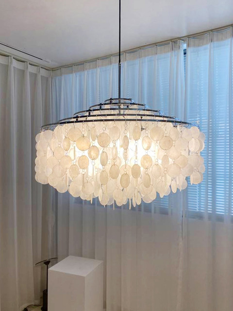 Italian Verpan French-Style Living Room Chandelier, Vintage Cream Shell Wind Chime, Designer Dining Room Master Bedroom Lighting Fixtures