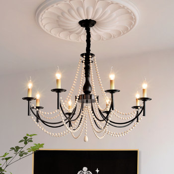 American Retro Chandelier, Living Room Lamp, French Palace Style Candle Lamp, Villa Romantic Pearl Dining Room Bedroom Master Bedroom Lamp