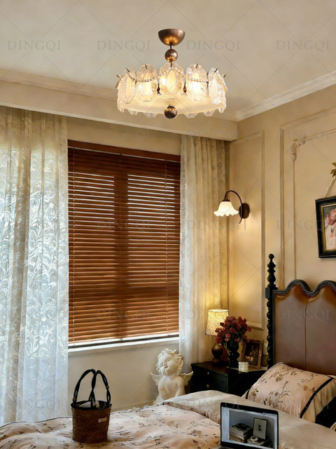 American Retro Glass Ceiling Lamp, Bedroom Lamp, French Mid-Century Style, Pearl Romantic Dining Room Eye-Protection Main Bedroom Lamp