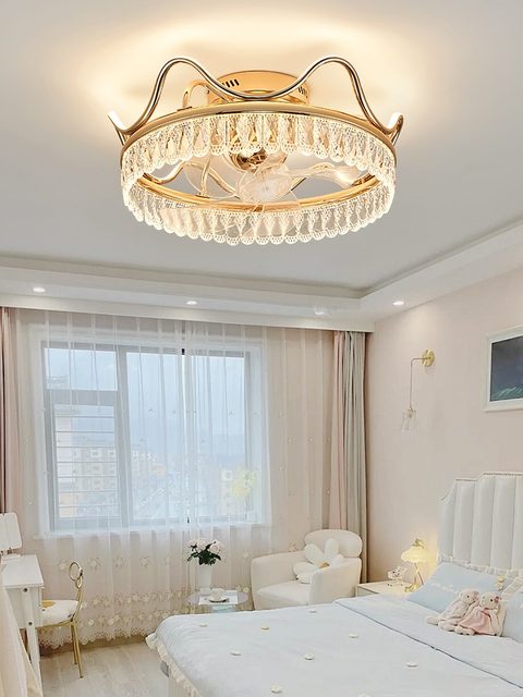 Crown Crystal Fan Light, Master Bedroom Ceiling Light, Light Luxury, Simple and Modern, Living and Dining Room Invisible Silent Ceiling Fan Light Fixture
