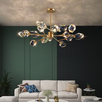 Light Luxury Crystal Chandelier, Ice Diamond Corner Living Room Lamp, Simple and Elegant Post-Modern All-Copper Molecular Dining Room Master Bedroom Lighting Fixtures