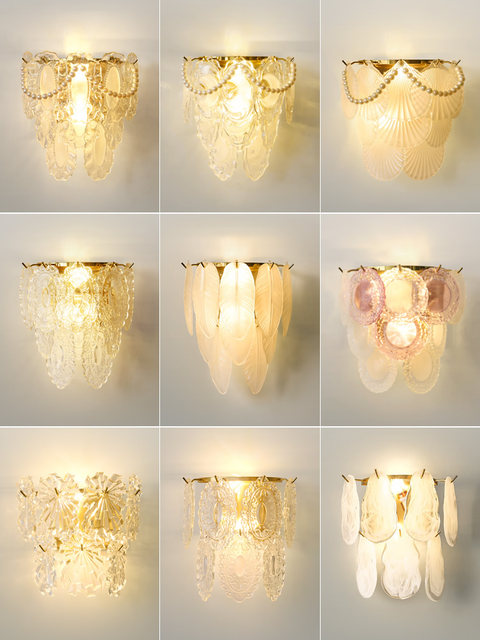 French-Style Light Luxury Crystal Wall Lamp for Living Room Background Wall, Vintage Feather Pearl Dining Room Bedroom Corridor American-Style Bedside Lamp