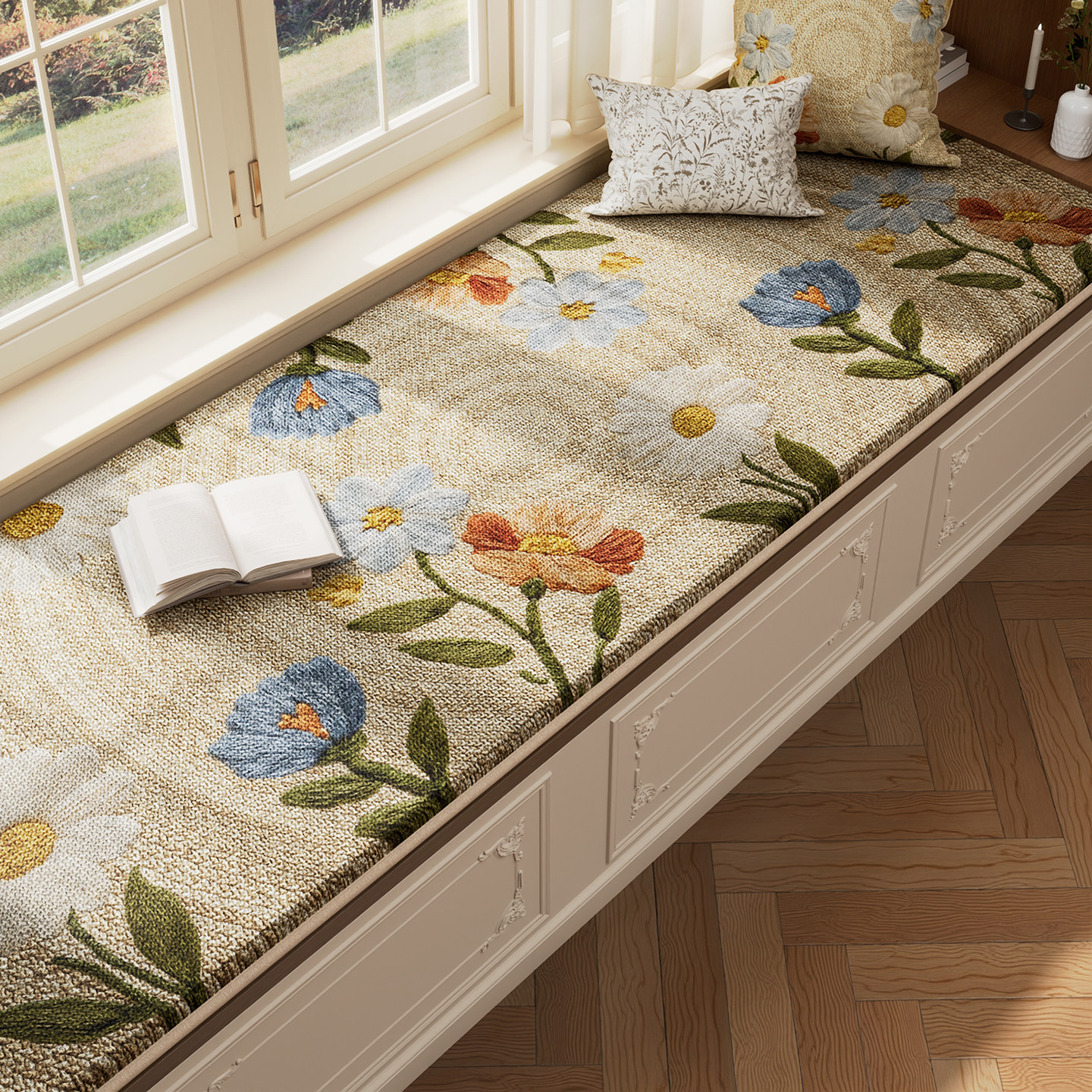 Retro floral bay window cushion thickened four-season non-slip seat cushion