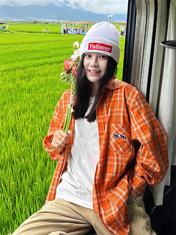 Besober Original Orange Loose Embroidered Plaid Shirt Cardigan Top Women's Retro Casual Shirt Jacket Autumn