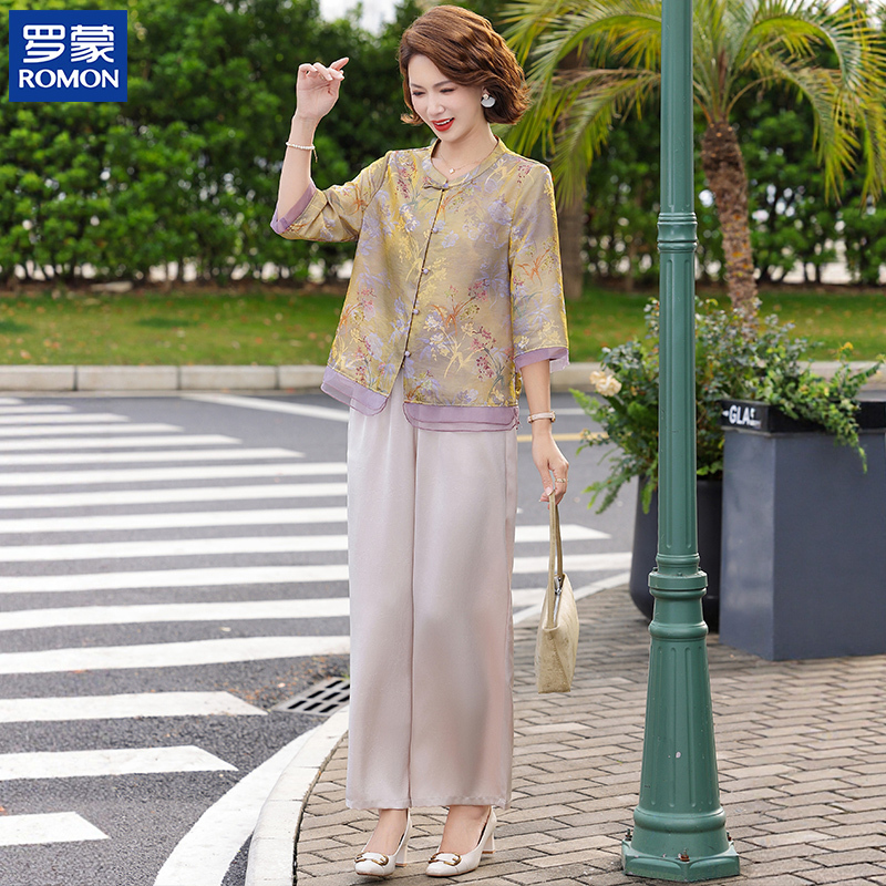 Romon Brand Mom's Summer Casual Shirt Suit, Middle-Aged and Elderly Women's New Summer Loose Chinese Style Top Suit