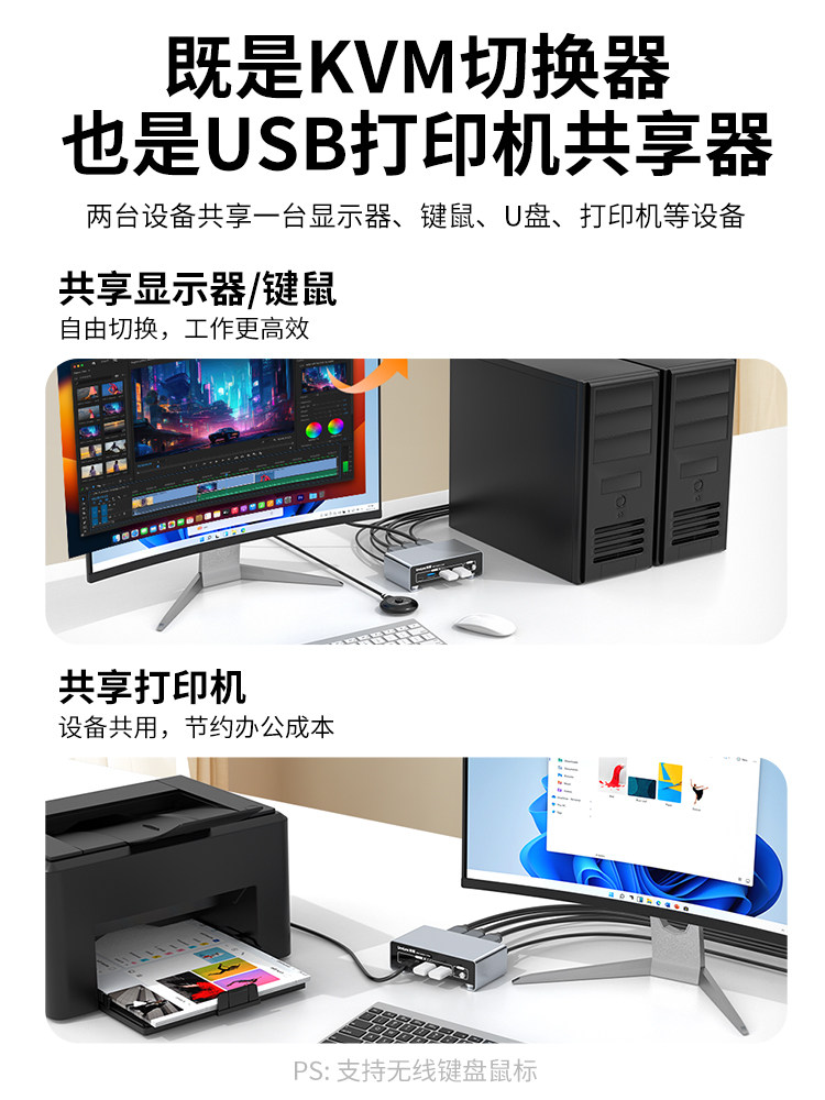 Hdmi+Dp Kvm Switch, Two Inputs and One Output, Two Computers, Mini Host, Laptop, Share a Set of Keyboard, Mouse, Monitor, Printer, USB Flash Drive, 4K240Hz High-Definition, Usb3.0 Sharing