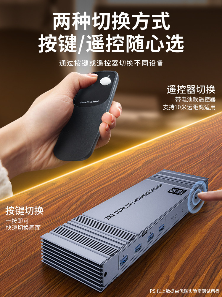 Hdmi+Dp Kvm Switch Split-Screen Dual-Screen Two-In-Two-Out 8K High-Definition 4K144Hz High Refresh Rate Switch between Two Computers to Use Two Monitors Usb3.0 Shared Keyboard Mouse Printer