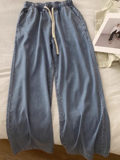 300斤大码女装垂感天丝牛仔裤女胖mm夏季薄款松紧腰冰丝直筒裤子