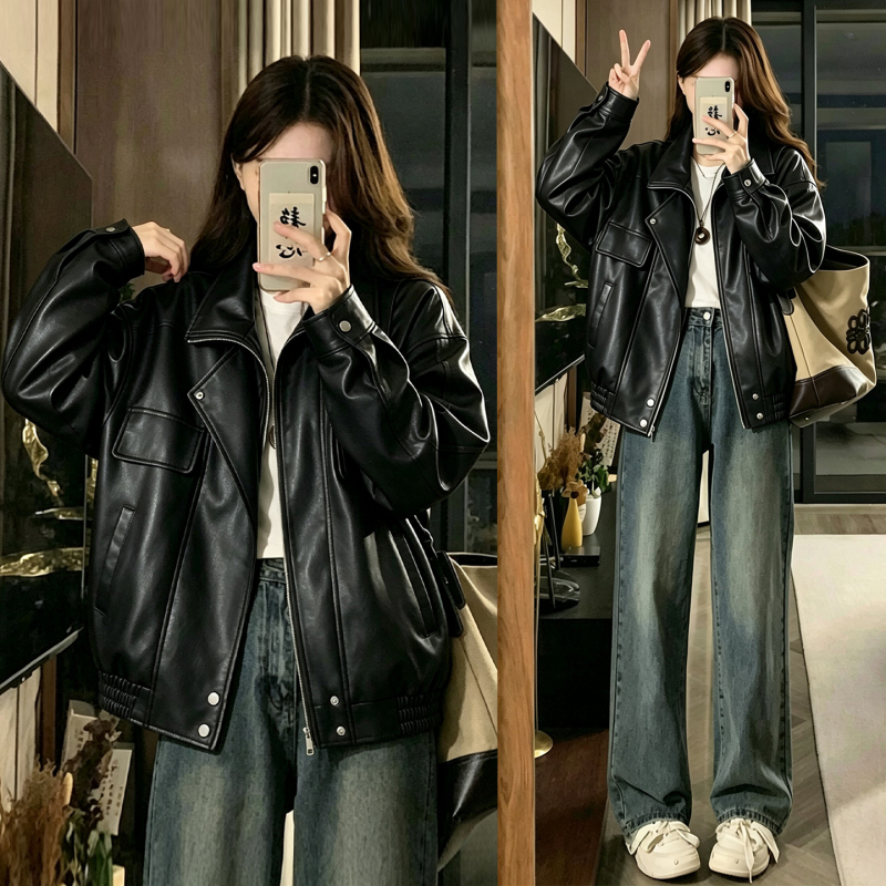 150kg Plus Size Women's American Style Trendy Black Leather Jacket Autumn Winter Loose Fit Turn-Down Collar Jacket for Chubby Women 150kg Plus Size Women's American Style Trendy Black Leather Jacket Autumn Winter Loose Fit Turn-Down Collar Jacket for Chubby Women