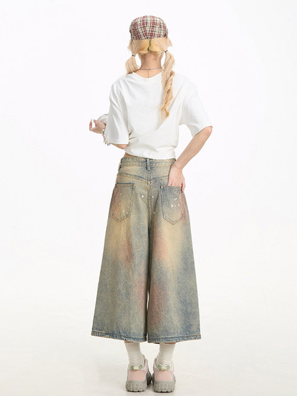 胖mm大码设计感渐变牛仔裤女美式高街复古七分裤宽松显瘦阔腿裤子