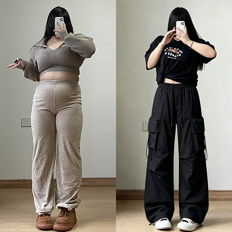 150kg Extra Large Size Women's Black High-Waisted Cargo Pants for Autumn, Loose Fit to Cover Flaws, Elastic Waist, Wide-Leg Pants for Plus Size Women 150kg Extra Large Size Women's Black High-Waisted Cargo Pants for Autumn, Loose Fit to Cover Flaws, Elastic Waist, Wide-Leg Pants for Plus Size Women