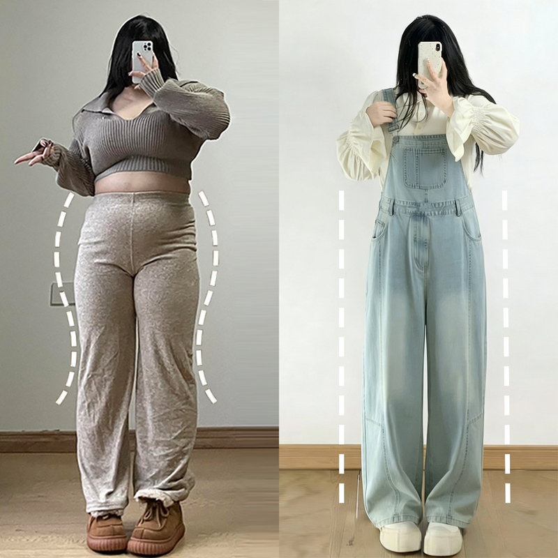 150kg Extra Large Size Blue Versatile Denim Overalls for Women 2026 New Fashionable Body-Hiding Jumpsuit