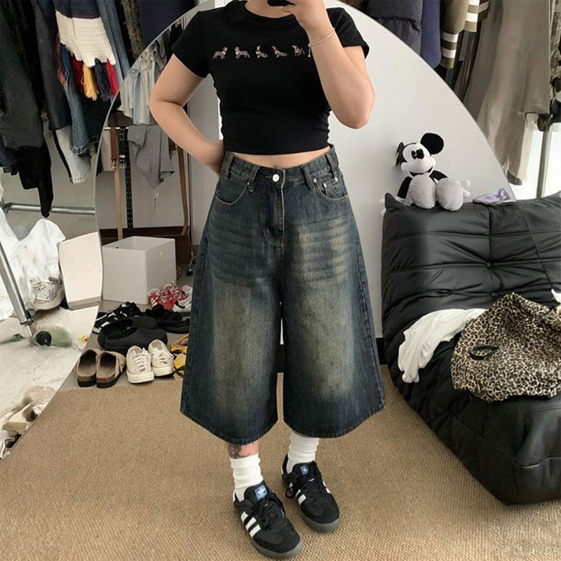 Plus Size Women's Clothing, Retro Blue Versatile Casual Capri Denim Shorts, Fashionable High-Waisted Slimming Wide-Leg Pants