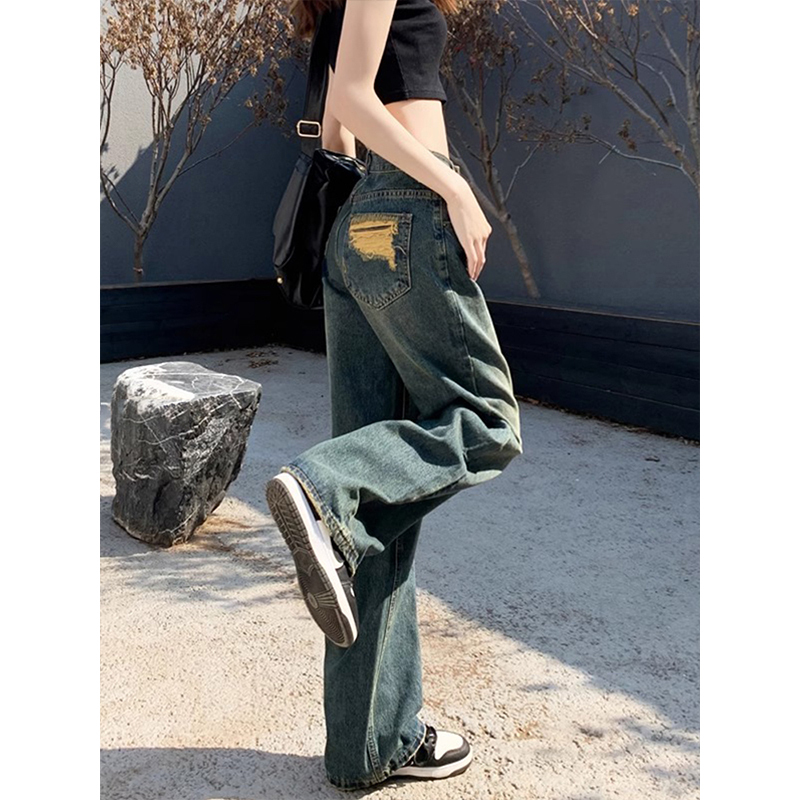 150kg Plus Size Korean Style Vintage Wide-Leg Jeans for Women with Distressed Design, Slimming Straight-Leg Pants