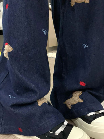 300斤大码胖mm小狗刺绣碎花牛仔裤春秋甜美裤子女宽松复古阔腿裤