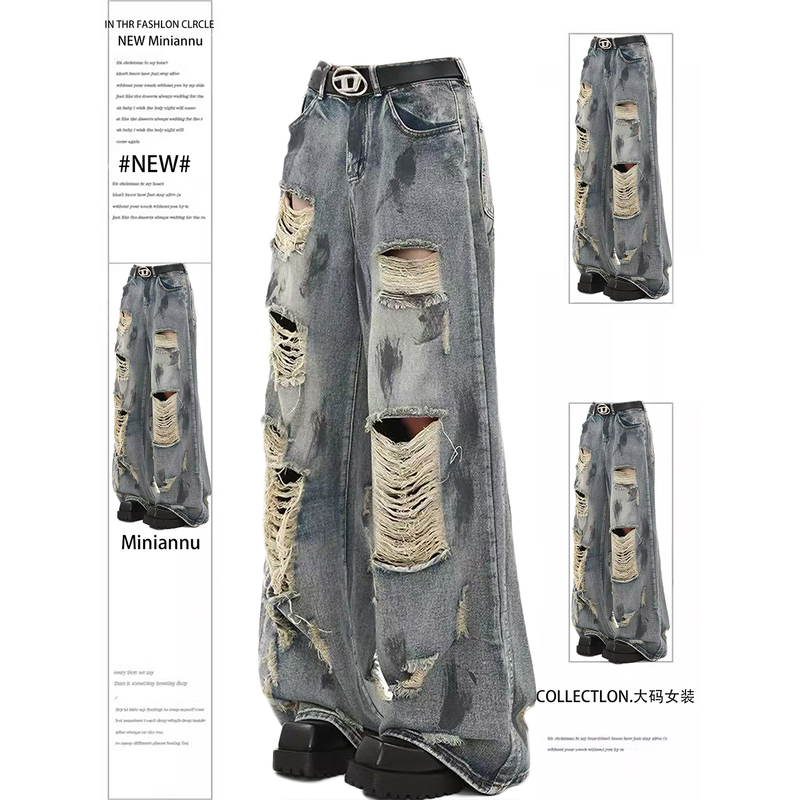 Plus Size Women's Clothing, Fat Girl Design, Ripped Jeans, Women's Summer Wear, Retro Street Style, American Wide-Leg Pants