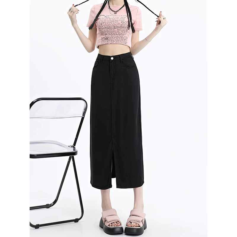 Thin summer black denim skirt, mid-length, size