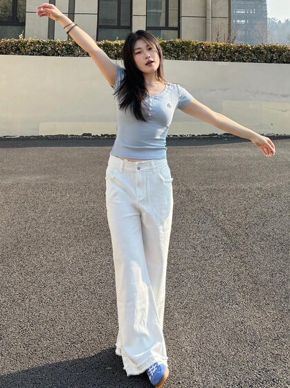 300斤胖mm美式高街白色牛仔裤女夏季新款大码裤子显瘦女装阔腿裤