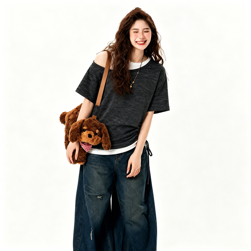 150kg Extra Large Size Women's Clothing, Very Stylish, One-Shoulder Short-Sleeve T-Shirt for Plus-Size Women, Fake Two-Piece Drawstring Waist Slimming Top 150kg Extra Large Size Women's Clothing, Very Stylish, One-Shoulder Short-Sleeve T-Shirt for Plus-Size Women, Fake Two-Piece Drawstring Waist Slimming Top