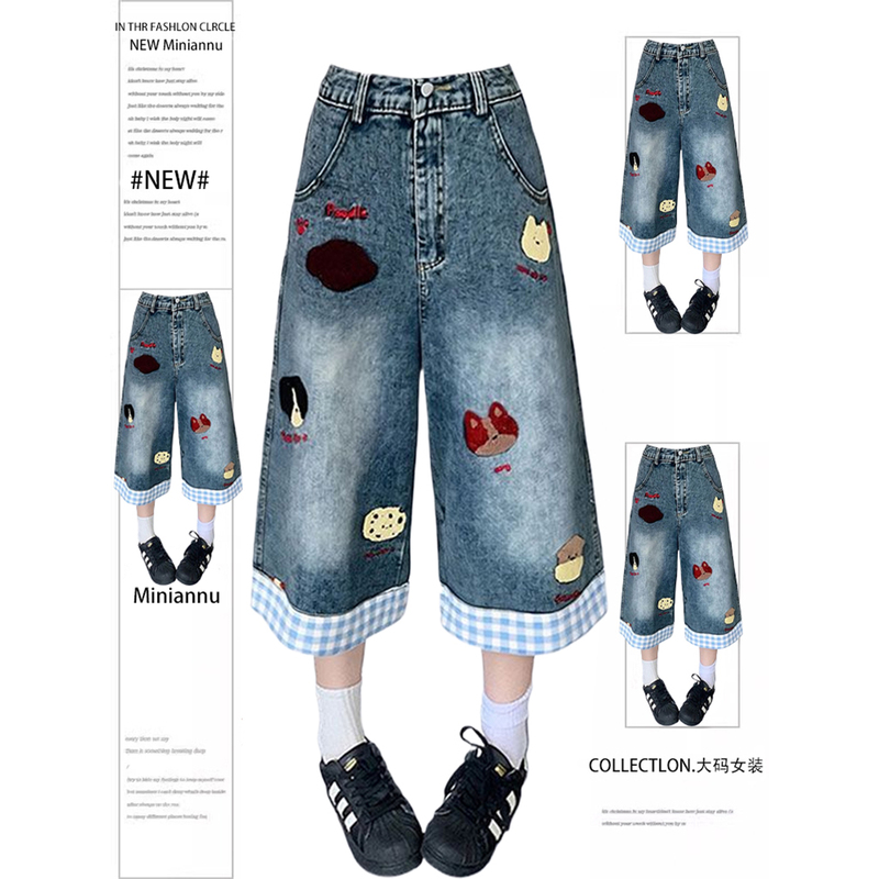 Extra Large Size Fat Girl Blue High-Waisted Cropped Denim Shorts for Female Students, Slimming and Concealing, Cartoon Print Casual Shorts
