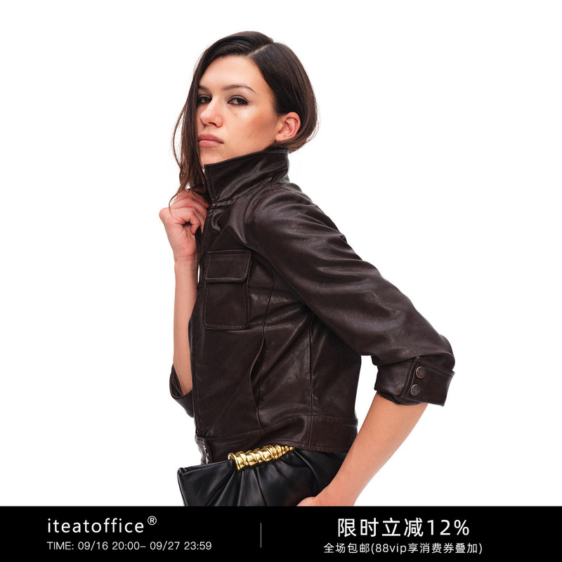 Iteatoffice* Retro Oil Wax Glossy Texture Workwear Three-Quarter Sleeve Pu Leather Jacket Short Coat for Women