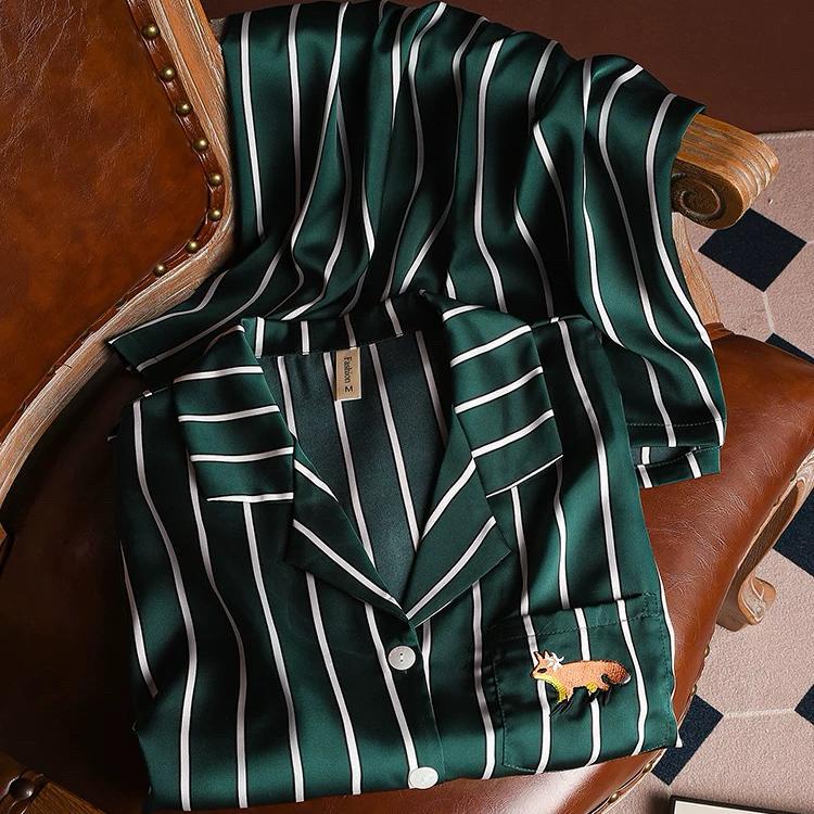 Pajamas for Women, Spring, Autumn and Summer, Long-Sleeved, Couple's High-End Striped Home Wear, Silk Thick Two-Piece Set, Men's Gift Box Set
