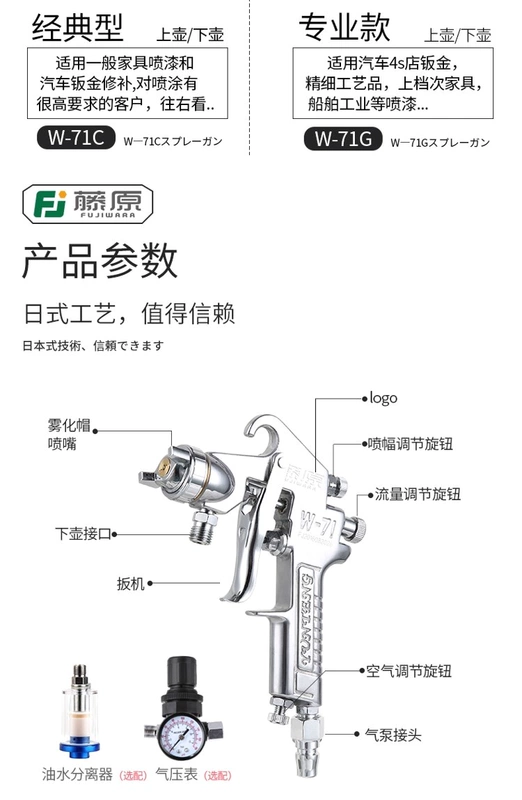 Súng phun khí nén Fujiwara w-71 phun cao su nguyên tử hóa sơn nội thất sơn phủ súng phun ô tô tấm kim loại dụng cụ