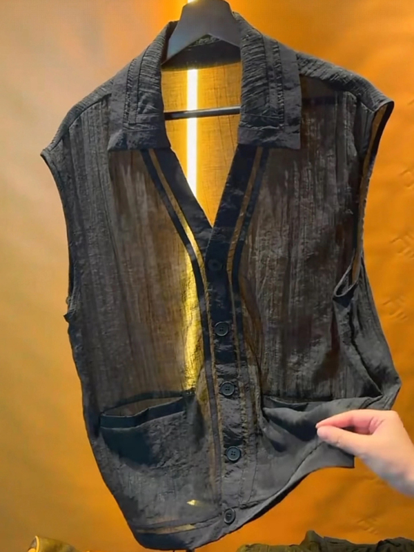 Summer Lightweight Breathable Sleeveless Shirt Men's Work Vest Trendy Fashion Patchwork Versatile Casual Pleated T-Shirt Summer Lightweight Breathable Sleeveless Shirt Men's Work Vest Trendy Fashion Patchwork Versatile Casual Pleated T-Shirt