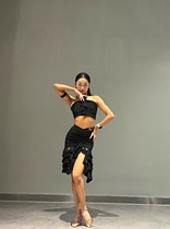 clw dance costume Latin dance costume for women black halter neck tube top pleated hip wrap ruffle skirt suit slimming dance practice