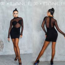 American dance Latin dance costume for women black long-sleeved mesh splicing slim tight dress rumba performance dance practice