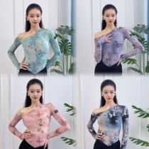 Zoev dance clothing Latin dance clothing modern dance clothing adult long-sleeved tops oblique shoulder butterfly pattern teaching practice clothing