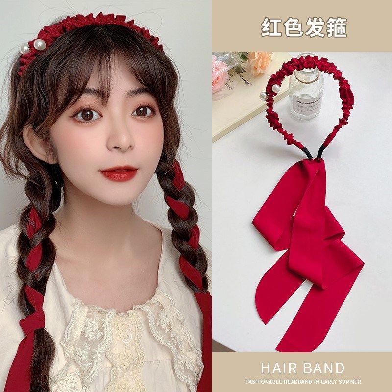 Hairdressed red hair with a system with a ribbon hair hoop female in summer tied hair hoop net red 2022 hair clamp decoration