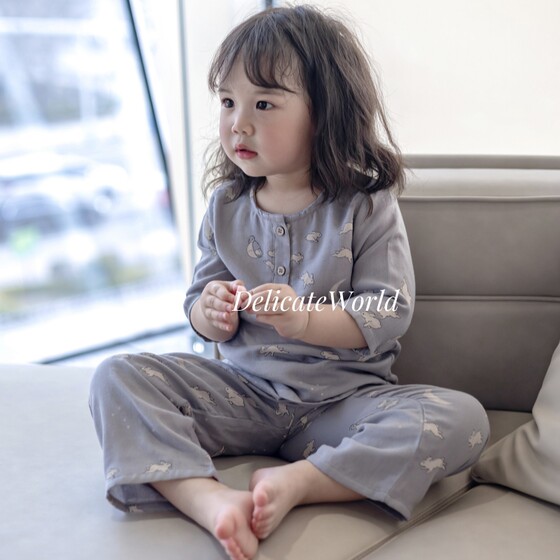 宝宝四季竹棉纱布亲子家居服竹纤维七分袖套装男女童套装柔软a类