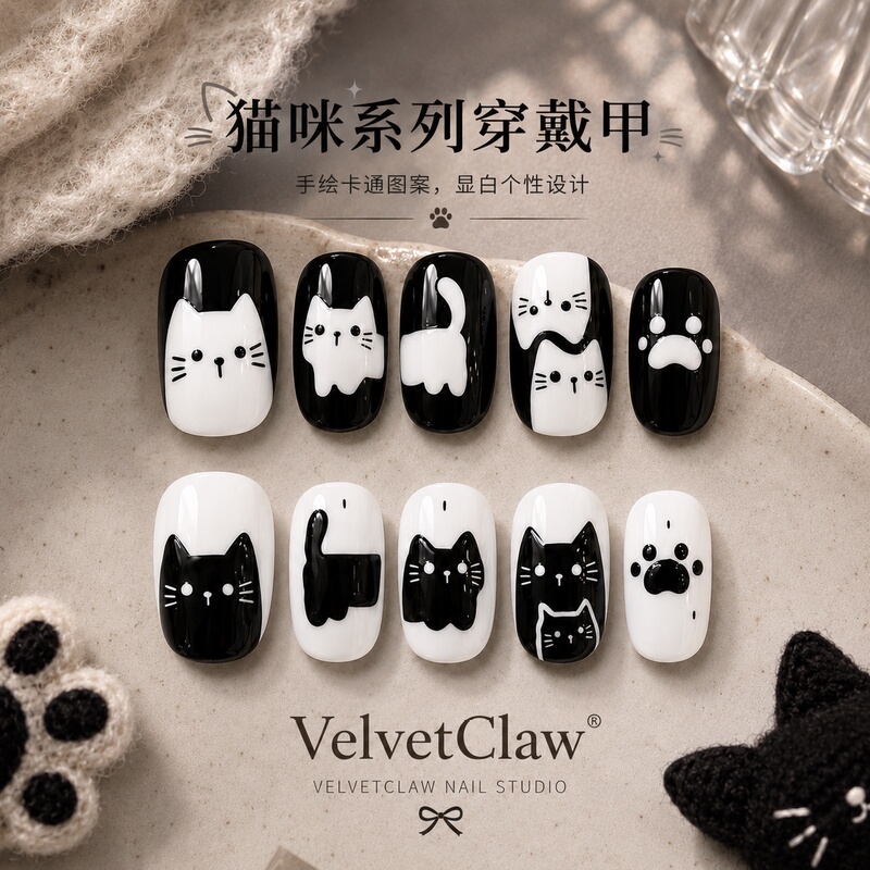 Cute Cat Pattern Wearable Nails, Hand-Painted Short Style, Black and White, Brightening, Personalized Cartoon Style, Detachable Nail Stickers