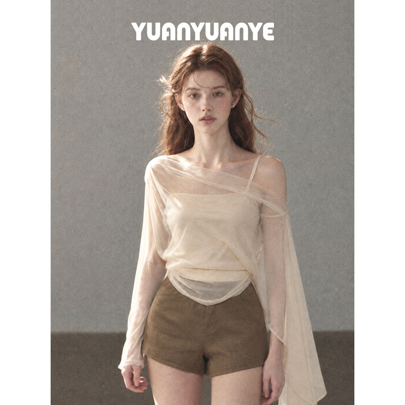 Designed with a Sense of Style, Loose Batwing Sleeve Shawl T-Shirt for Women, Early Autumn, Off-Shoulder, Loose, Faux Two-Piece, Slightly Sheer Cover-Up Top