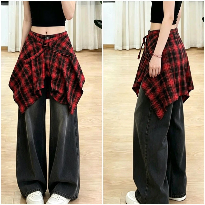 Plaid Shirt with a Ruffle Hem, Women's Jeans with a One-Piece Layered Hem, Decorative Dance Skirt with a Ruffle Hem
