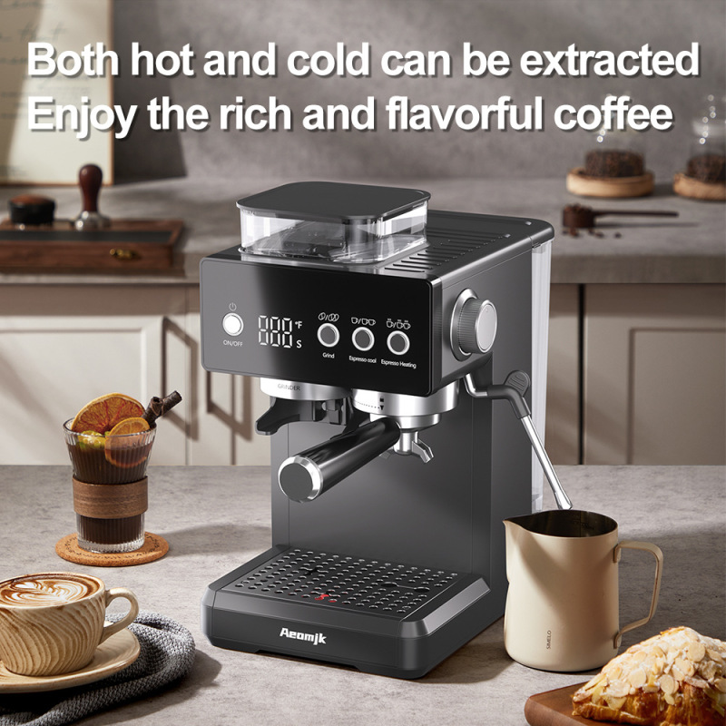 Coffee Machine for Home Use, Small Semi-Automatic Hot and Cold Dual-Extraction Grinder, Integrated Espresso Machine with Milk Frothing Function