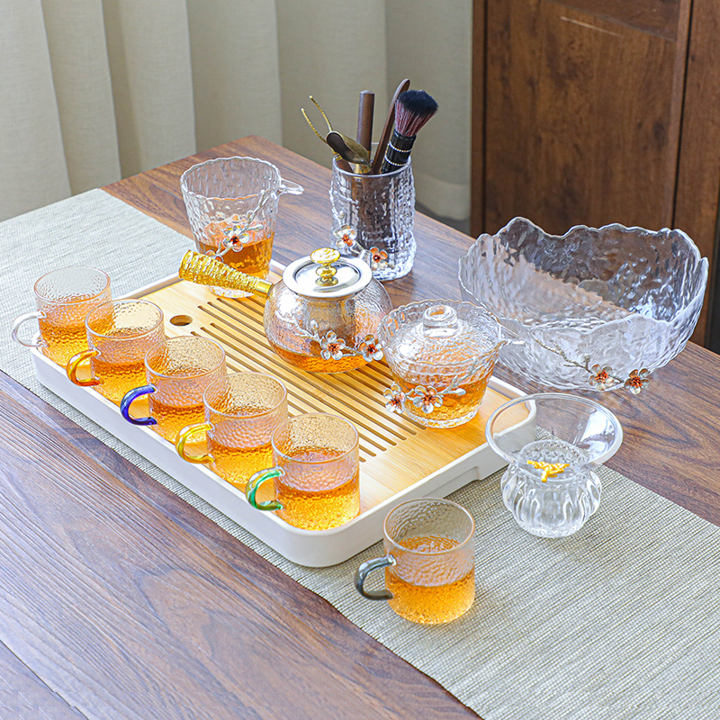 Glass Tea Set, High-End Japanese-Style Kung Fu Tea Cup, High-Temperature Resistant Tea Brewing Utensil, Office Tea Brewing Tea Tray Set