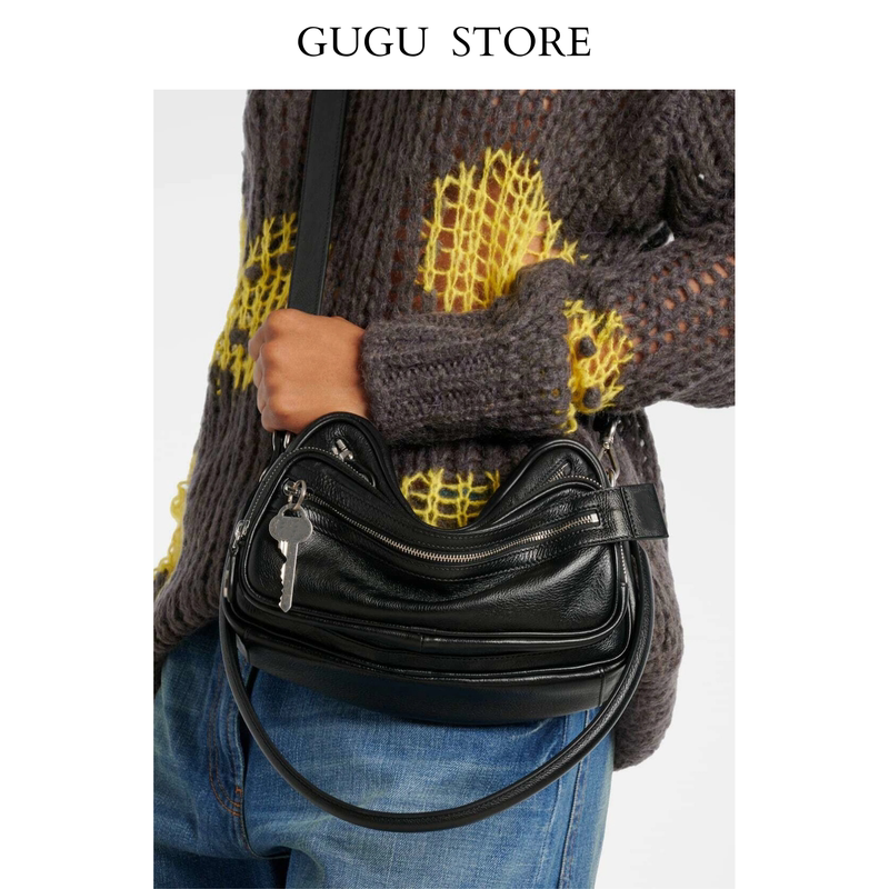 Niche Design Camera Bag, Genuine Leather, Multi-Pocket, High-End Small Square Bag, Commuter Shoulder Bag, Crossbody Bag, Key Motorcycle Bag