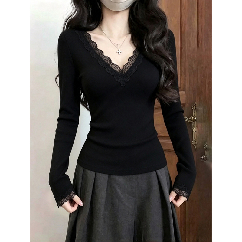 Pure Desire Style Black V-Neck Lace Base Shirt for Women, Stunningly Beautiful for Autumn and Winter, Slim-Fit Long-Sleeve T-Shirt Pure Desire Style Black V-Neck Lace Base Shirt for Women, Stunningly Beautiful for Autumn and Winter, Slim-Fit Long-Sleeve T-Shirt