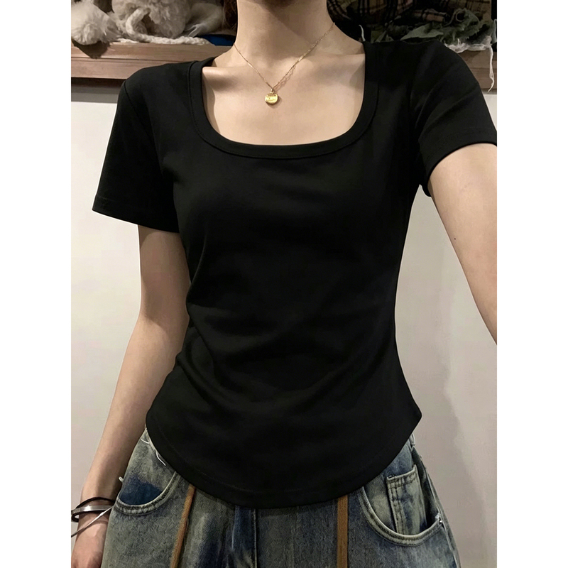 Slightly Chubby Black U-Neck Short-Sleeve Women's Summer Slim-Fit Plus-Size Top for Fat Women, Slimming and Covering the Body, Curved Hem T-Shirt