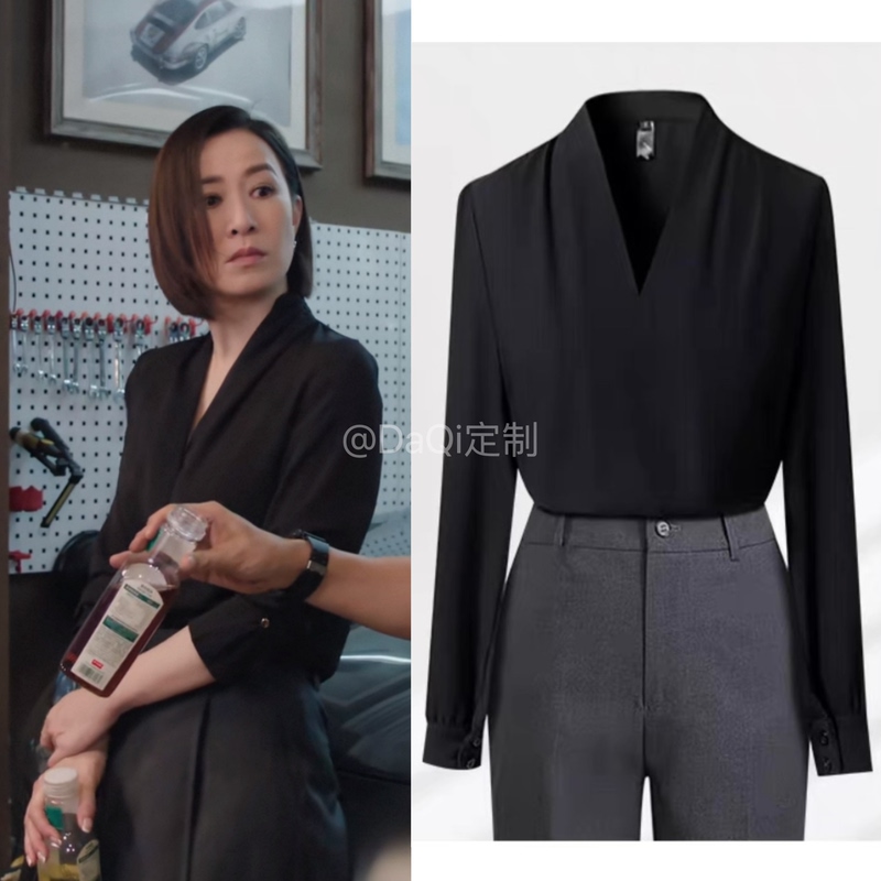 News Queen 2 Yue Shiman Wen Huixin's Same Style Black Shirt, High-End V-Neck, Mature Style Acetate Satin Top