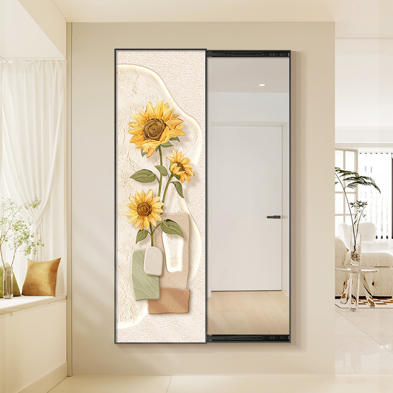 Cream-Style Entrance Sliding Mirror Decorative Painting Invisible Full-Length Mirror Mural Nordic Entryway Hidden Full-Length Mirror