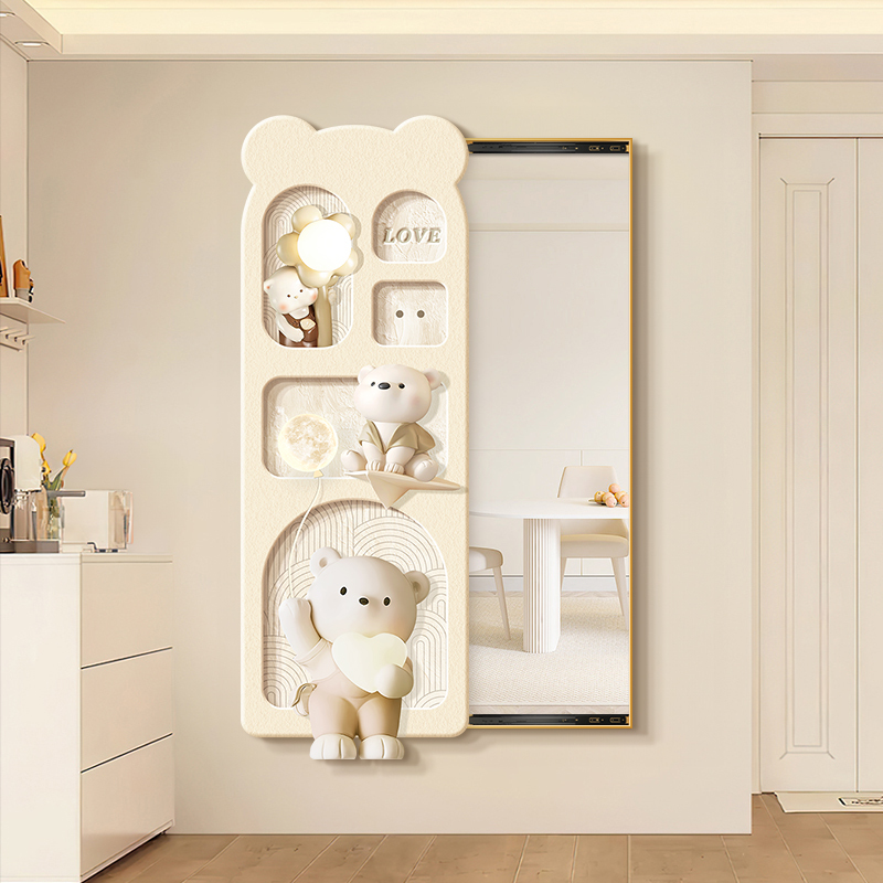 Cream-Colored Sliding Mirror Mural with Cartoon Bear, Hidden Entryway Hanging Painting, Full-Length Mirror That Can Cover Dressing Mirror