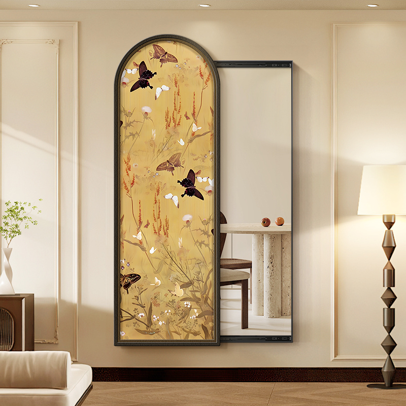 Medieval-Style Invisible Dressing Mirror Mural, French-Style Entrance Decoration Painting, Retro Hidden Full-Body Mirror, Sliding Hanging Painting