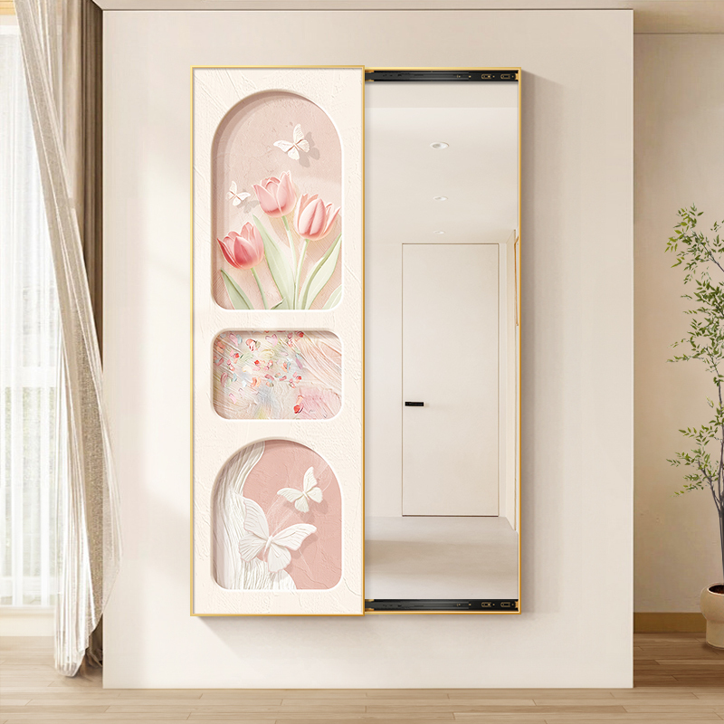 Cream-Colored Invisible Dressing Mirror Hanging Painting, Entrance Decorative Painting, Hidden Full-Length Mirror, Sliding Hidden Mirror Mural