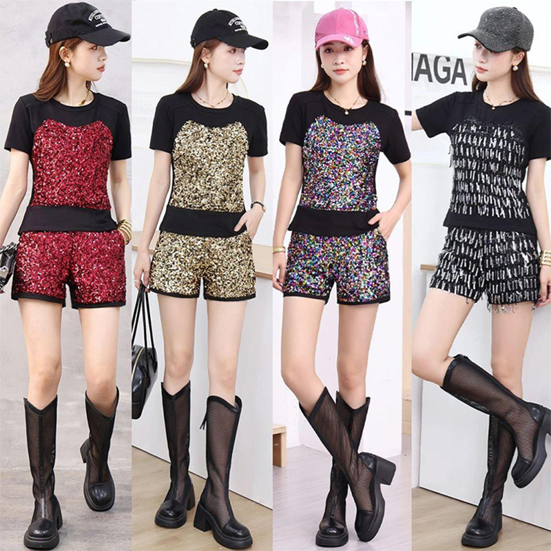 Sequin Suit Women's Stage Outfit Summer New Fashion Sparkling Short-Sleeved Top + Elastic Waist Shorts Two-Piece Set Sequin Suit Women's Stage Outfit Summer New Fashion Sparkling Short-Sleeved Top + Elastic Waist Shorts Two-Piece Set